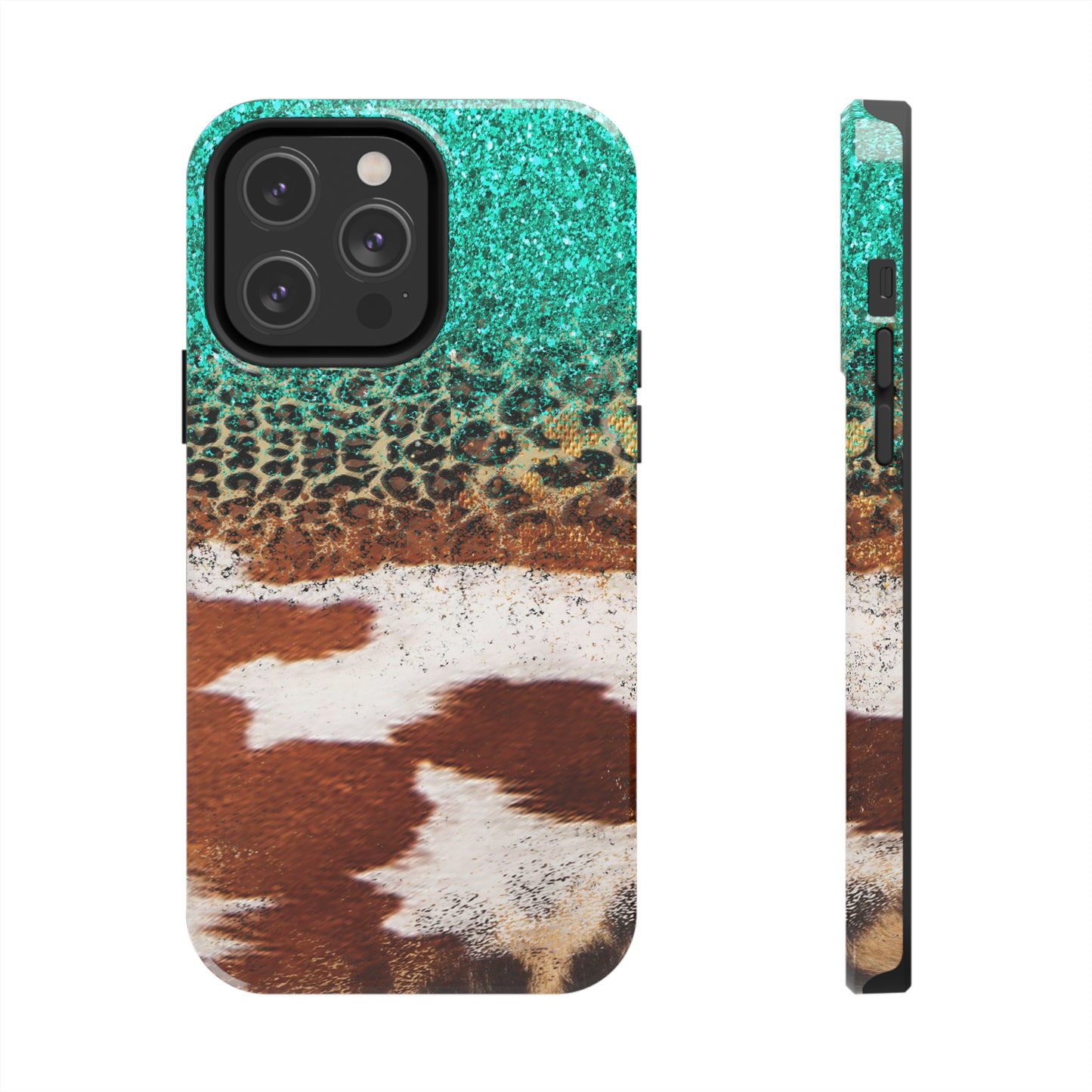 Western Cow Print, Teal, and Leopard print Design Phone Case- Lightweight, Impact Resistant Cover for iPhone 6, 6s, 12, 13, 14, 15