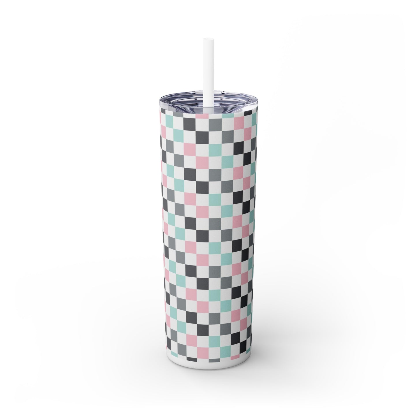 Multicolor Checkerboard Design Skinny Tumbler with Straw, 20oz