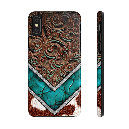 Western Cow Print, Faux Turquoise and Leather Digital print design Phone Case- Lightweight, Impact Resistant Cover for iPhone 6, 6s, 12, 13, 14, 15