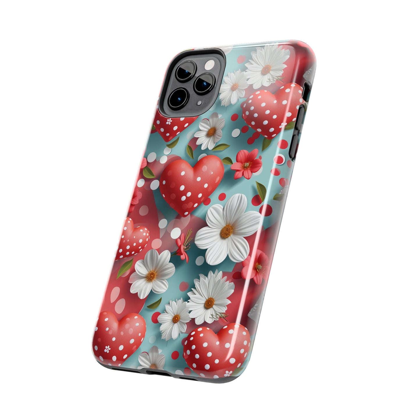 White Flowers Red Polka Dot Hearts Digital print Design Tough Phone Case compatible with a large variety of iPhone models, Gift, Phone Case