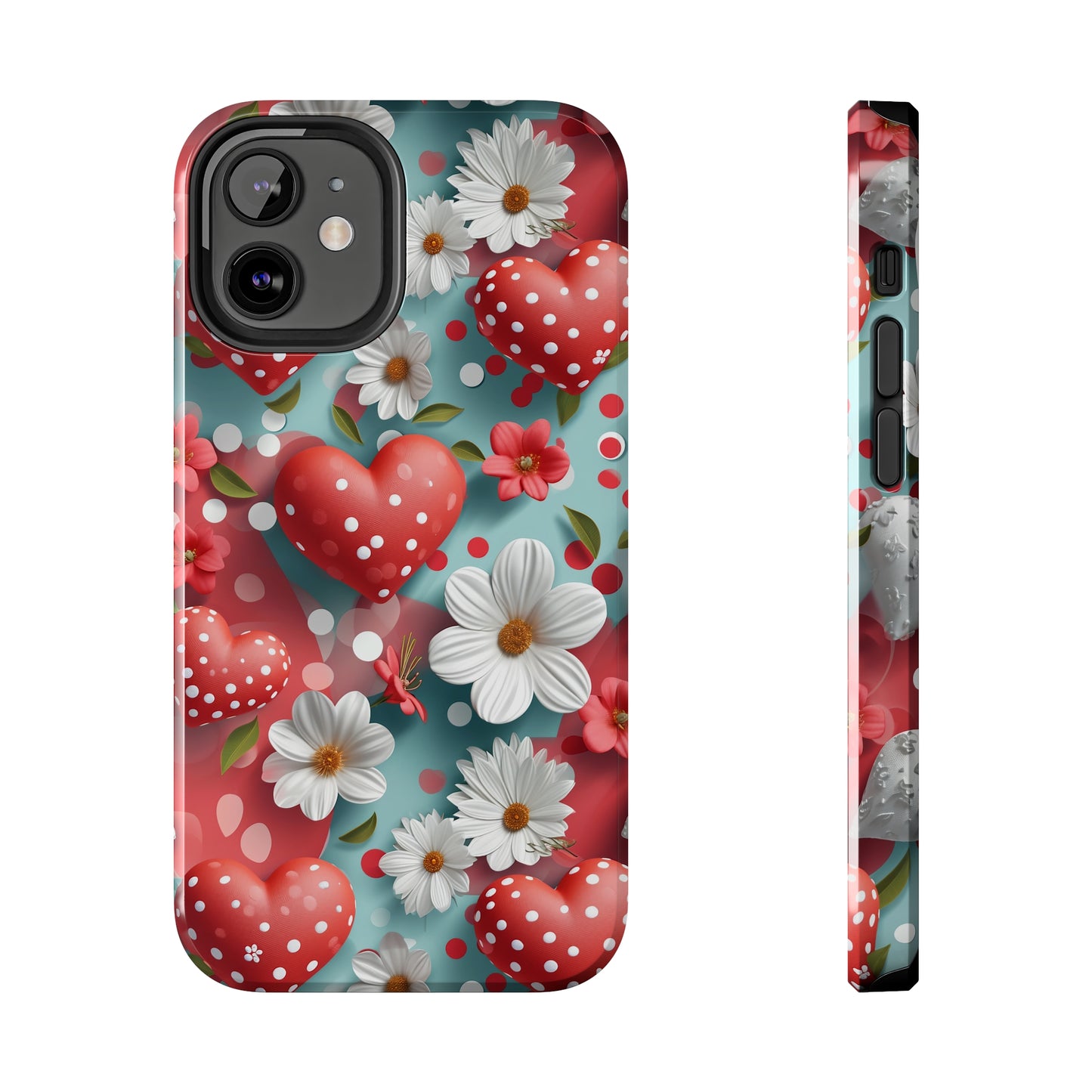 White Flowers Red Polka Dot Hearts Digital print Design Tough Phone Case compatible with a large variety of iPhone models, Gift, Phone Case