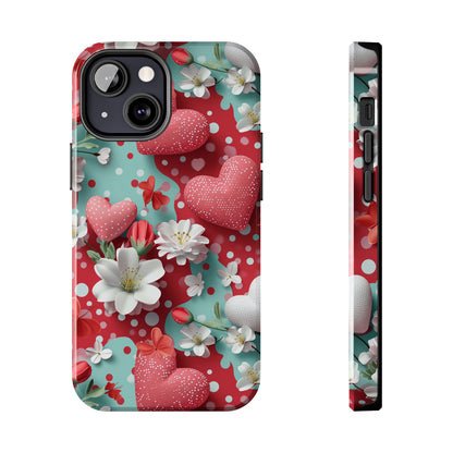 Polka Dot Hearts and Flowers Digital print Design Tough Phone Case compatible with a large variety of iPhone models, Gift, Phone Case