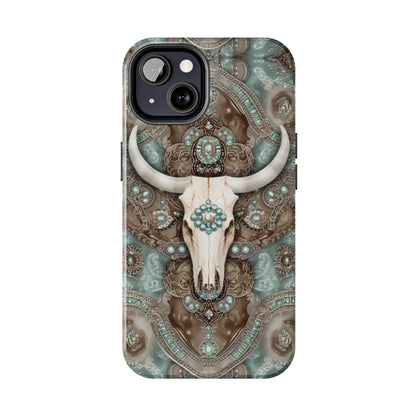 Western Cow Skull and Turquoise print design Phone Case- Lightweight, Impact Resistant Cover for iPhone 6, 6s, 12, 13, 14, 15