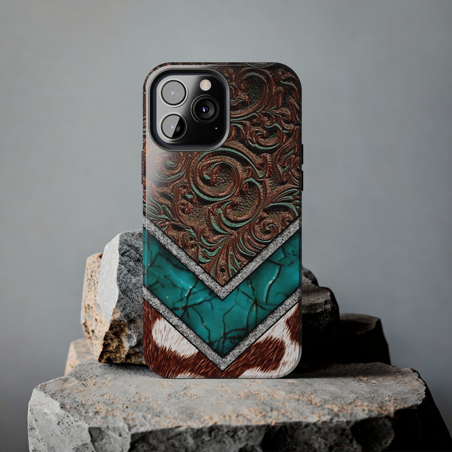 Western Cow Print, Faux Turquoise and Leather Digital print design Phone Case- Lightweight, Impact Resistant Cover for iPhone 6, 6s, 12, 13, 14, 15