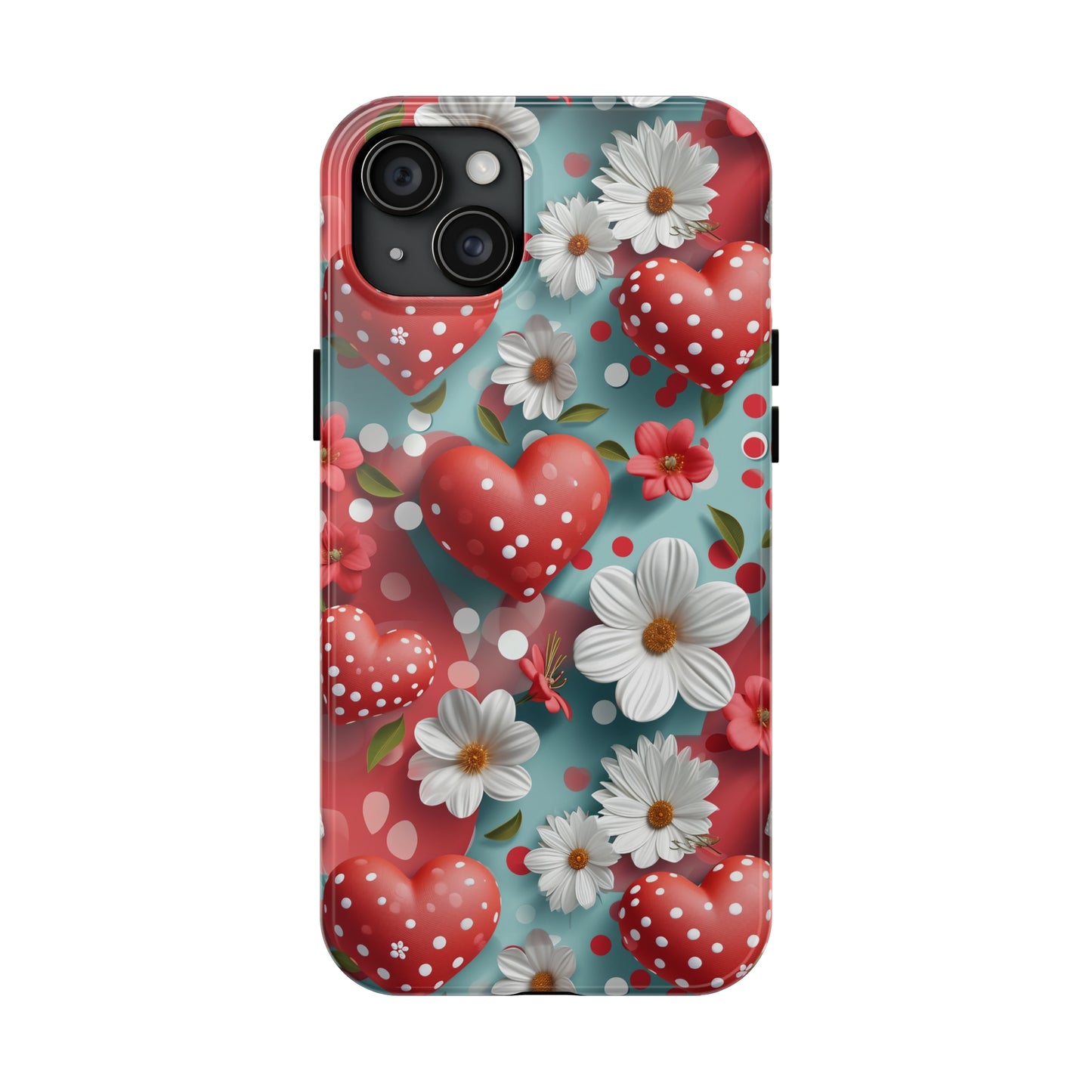 White Flowers Red Polka Dot Hearts Digital print Design Tough Phone Case compatible with a large variety of iPhone models, Gift, Phone Case