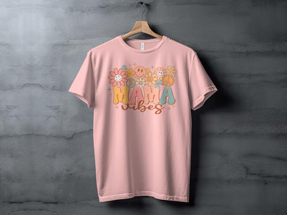 Mama Vibes T-Shirt, Floral Peace Hippie Style Tee, Retro Mom Shirt, Vintage Mother's Day Gift, Casual Women's Clothing