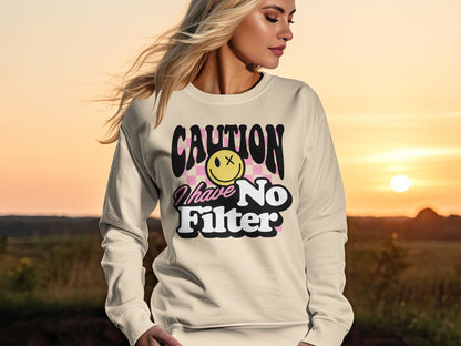 Funny Graphic Sweatshirt, Caution I Have No Filter, Bold Statement Pullover, Casual Streetwear, Unisex Clothing, Gift for Best Friend, Unisex Heavy Blend™ Crewneck Sweatshirt
