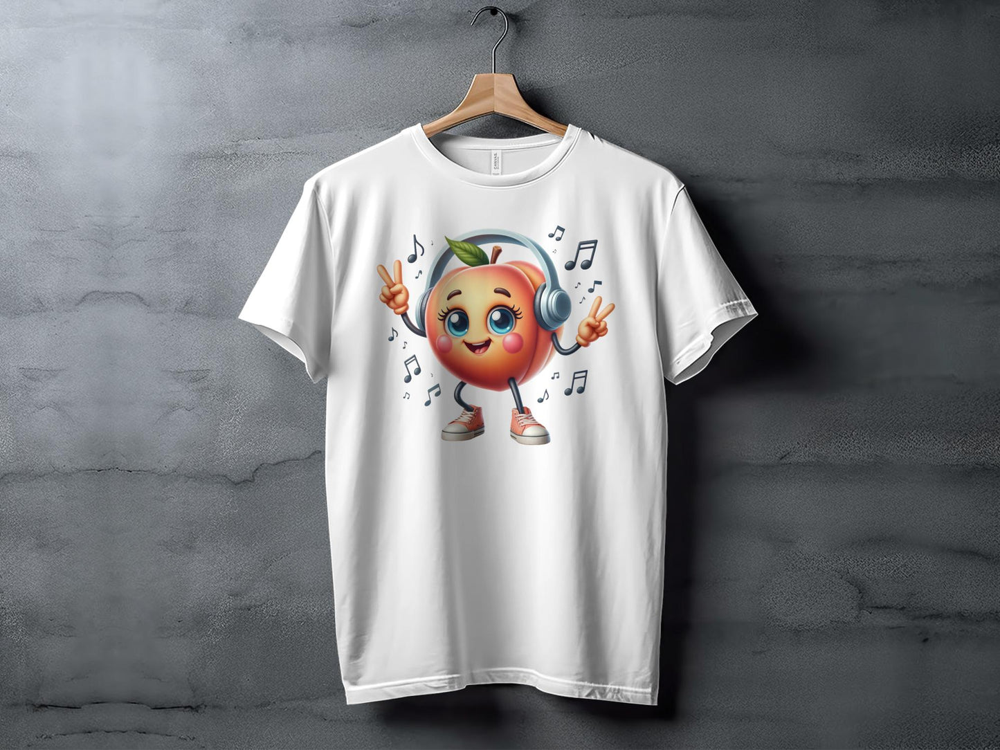 Cute Cartoon Peach with Headphones Music Lovers T-Shirt, Unisex Tee for All Ages, Fun Graphic Shirt, Perfect Gift Idea