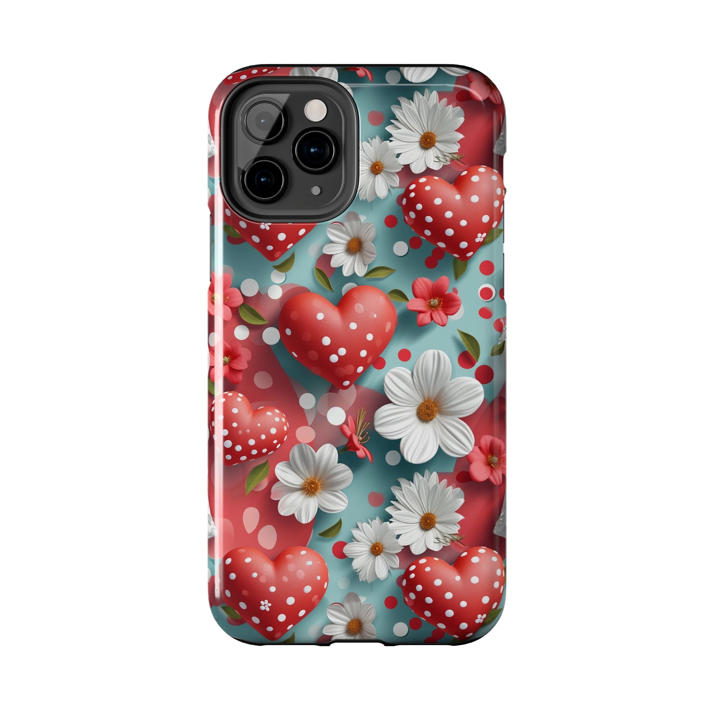 White Flowers Red Polka Dot Hearts Digital print Design Tough Phone Case compatible with a large variety of iPhone models, Gift, Phone Case