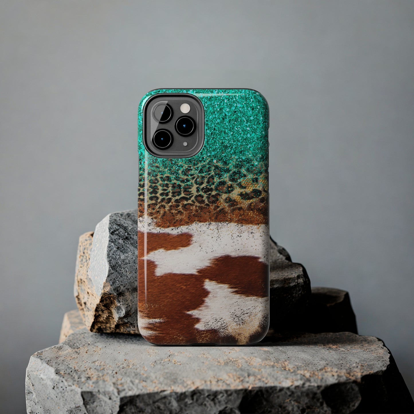 Western Cow Print, Teal, and Leopard print Design Phone Case- Lightweight, Impact Resistant Cover for iPhone 6, 6s, 12, 13, 14, 15