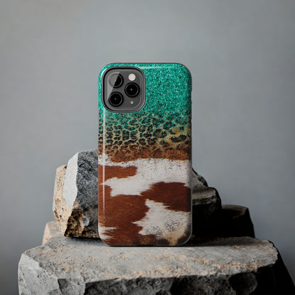 Western Cow Print, Teal, and Leopard print Design Phone Case- Lightweight, Impact Resistant Cover for iPhone 6, 6s, 12, 13, 14, 15