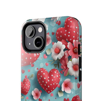 Pink White Flowers Red Hearts Digital print Design Tough Phone Case compatible with a large variety of iPhone models, Gift, Phone Case