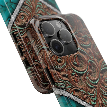 Western Cow Print, Faux Turquoise and Leather Digital print design Phone Case- Lightweight, Impact Resistant Cover for iPhone 6, 6s, 12, 13, 14, 15