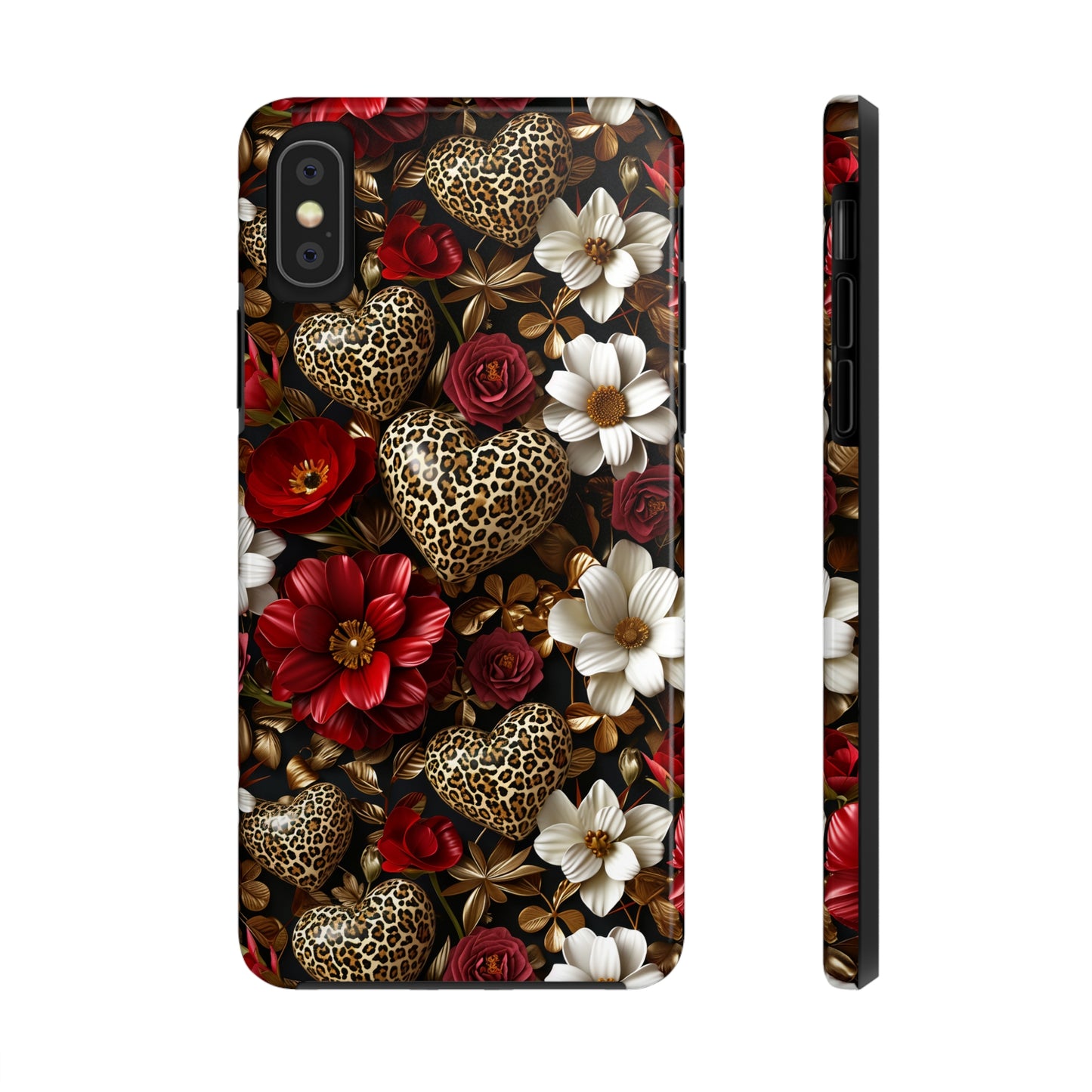 Red Gold Flowers Leopard Hearts Digital print Design Tough Phone Case compatible with a large variety of iPhone models, Gift, Phone Case