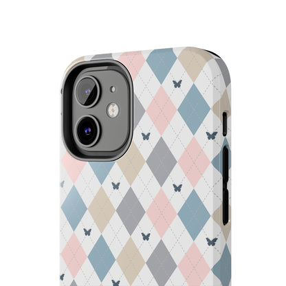 Argyle Pastel Plaid and Butterflies print design Tough Phone Case compatible with a large variety of iphone models