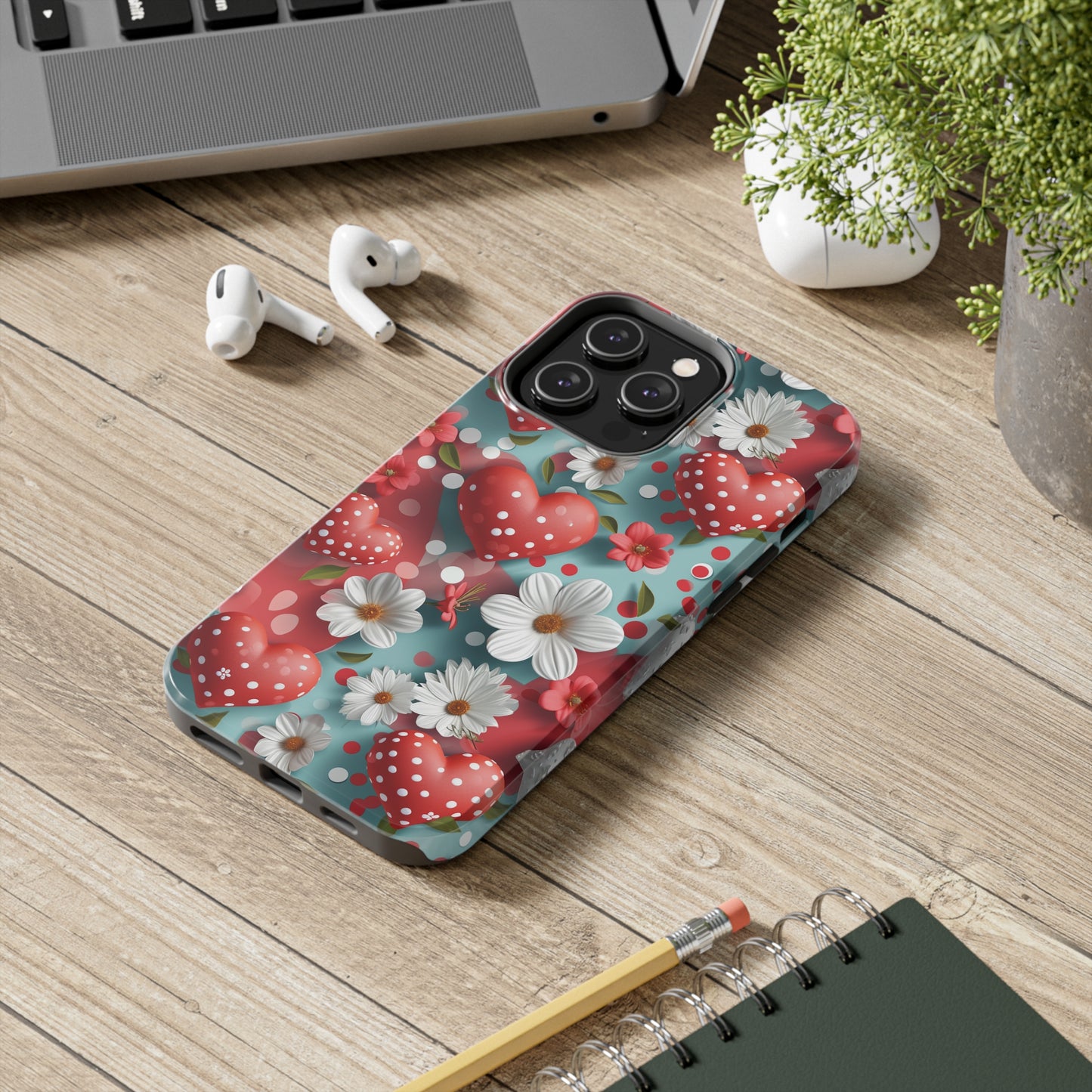 White Flowers Red Polka Dot Hearts Digital print Design Tough Phone Case compatible with a large variety of iPhone models, Gift, Phone Case