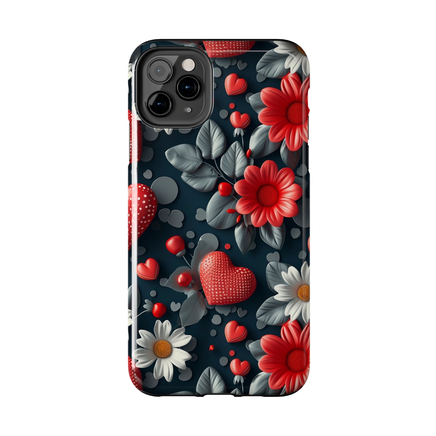 3D Flowers and Red Hearts Digital print Design Tough Phone Case compatible with a large variety of iPhone models, Gift, Phone Case