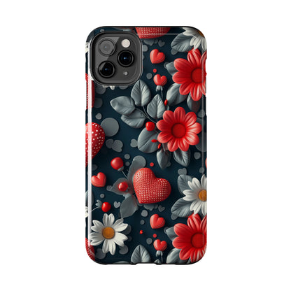 3D Flowers and Red Hearts Digital print Design Tough Phone Case compatible with a large variety of iPhone models, Gift, Phone Case