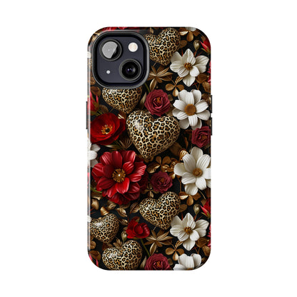 Red Gold Flowers Leopard Hearts Digital print Design Tough Phone Case compatible with a large variety of iPhone models, Gift, Phone Case