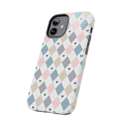 Argyle Pastel Plaid and Butterflies print design Tough Phone Case compatible with a large variety of iphone models