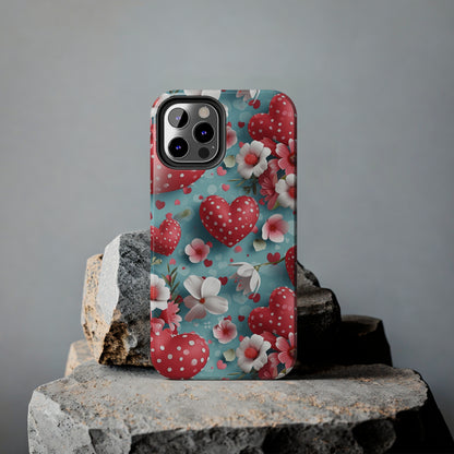 Pink White Flowers Red Hearts Digital print Design Tough Phone Case compatible with a large variety of iPhone models, Gift, Phone Case