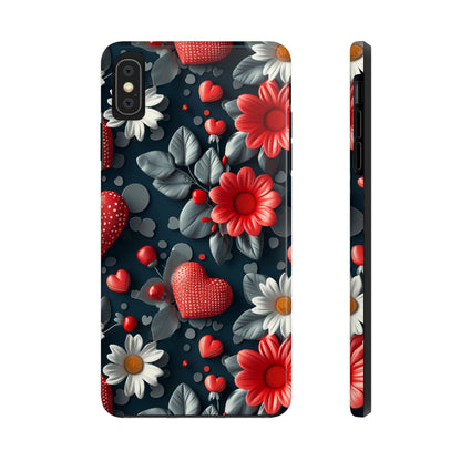 3D Flowers and Red Hearts Digital print Design Tough Phone Case compatible with a large variety of iPhone models, Gift, Phone Case