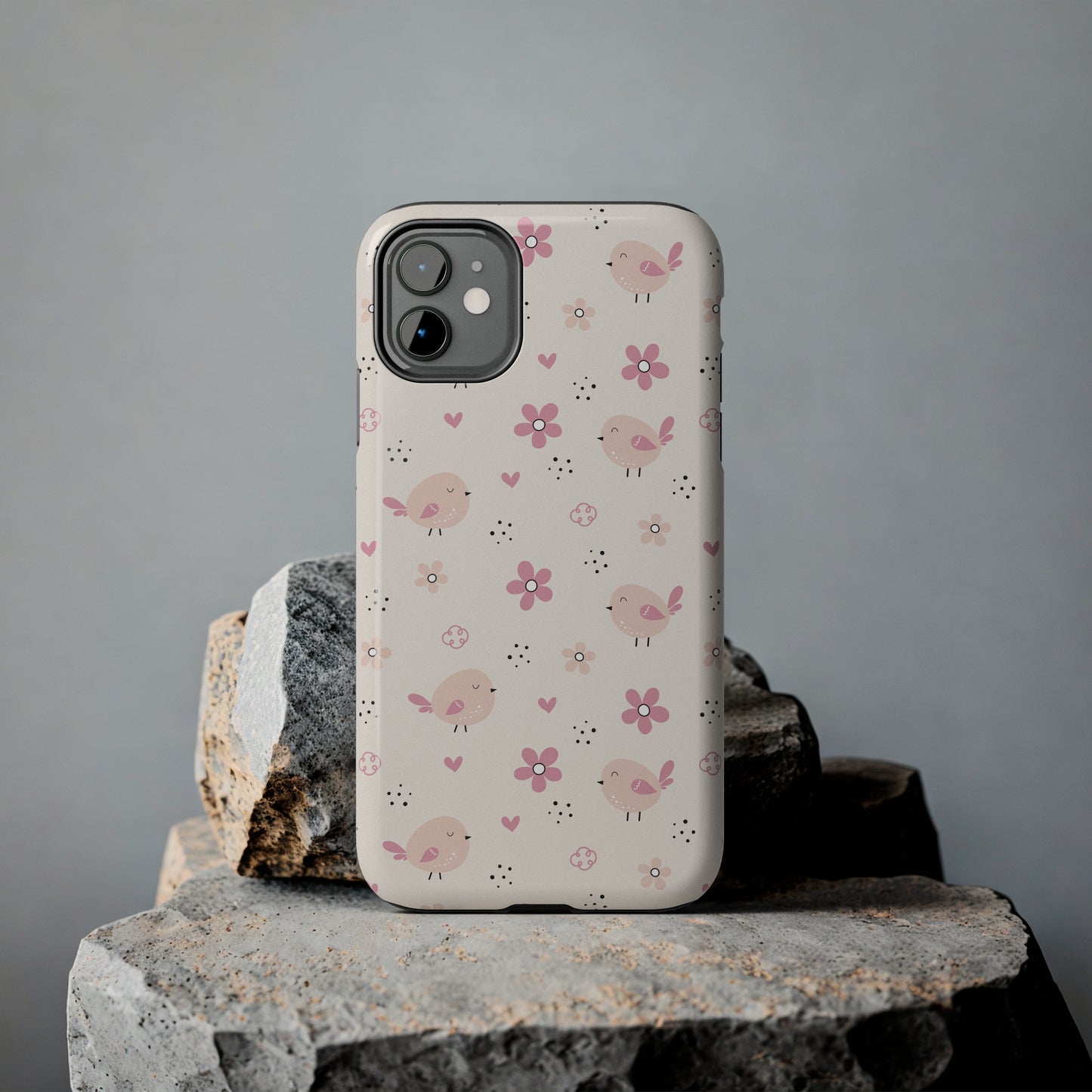 Cute Pink Birds and Flowers print design Tough Phone Case compatible with a large variety of iphone models