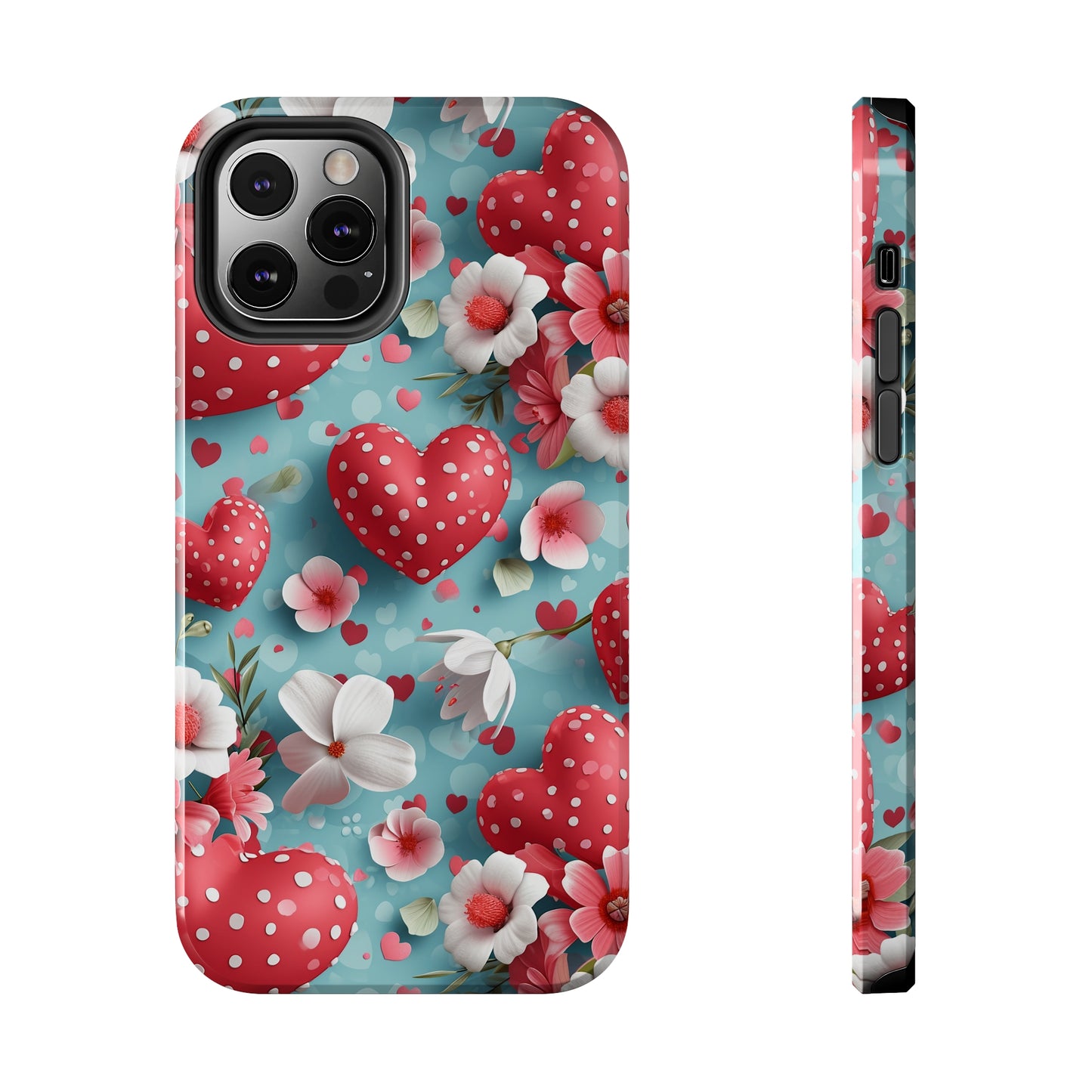 Pink White Flowers Red Hearts Digital print Design Tough Phone Case compatible with a large variety of iPhone models, Gift, Phone Case