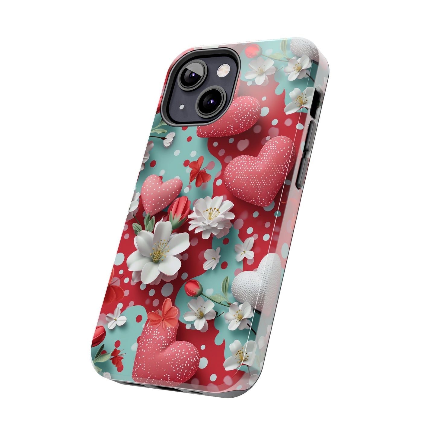 Polka Dot Hearts and Flowers Digital print Design Tough Phone Case compatible with a large variety of iPhone models, Gift, Phone Case