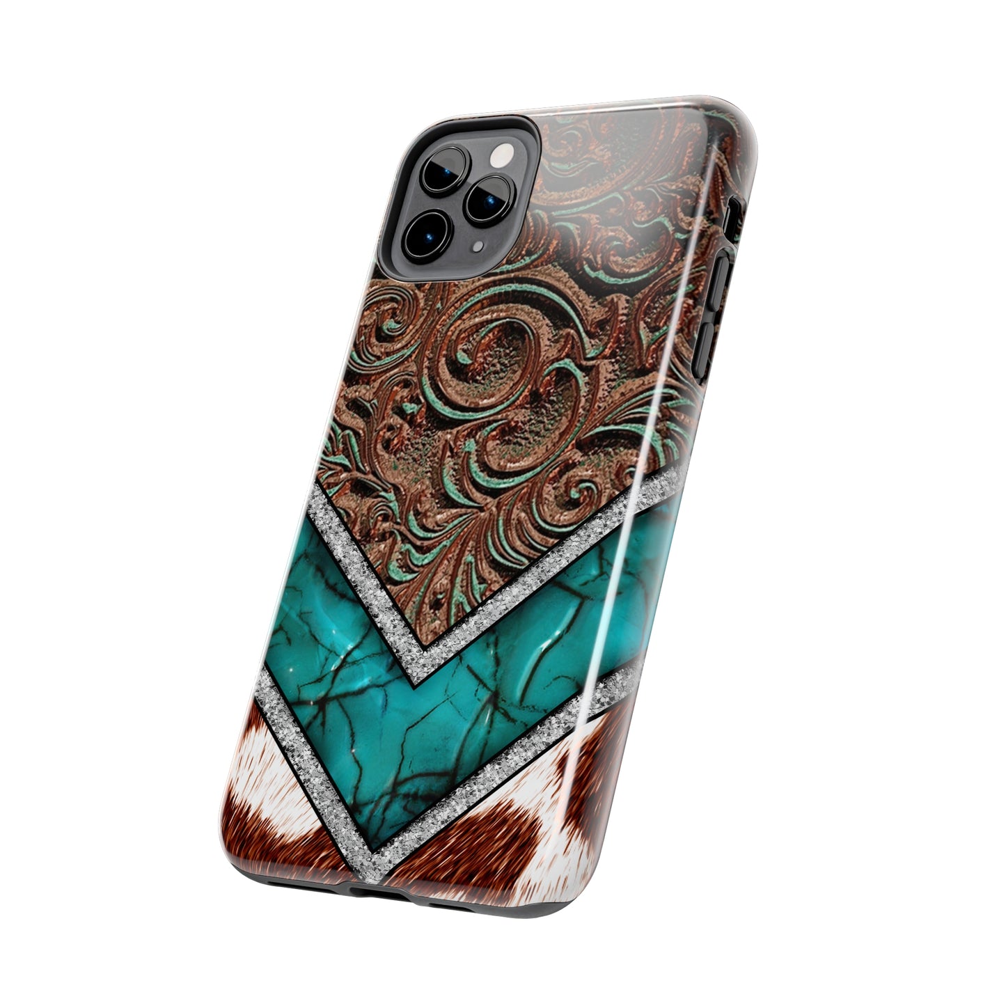 Western Cow Print, Faux Turquoise and Leather Digital print design Phone Case- Lightweight, Impact Resistant Cover for iPhone 6, 6s, 12, 13, 14, 15