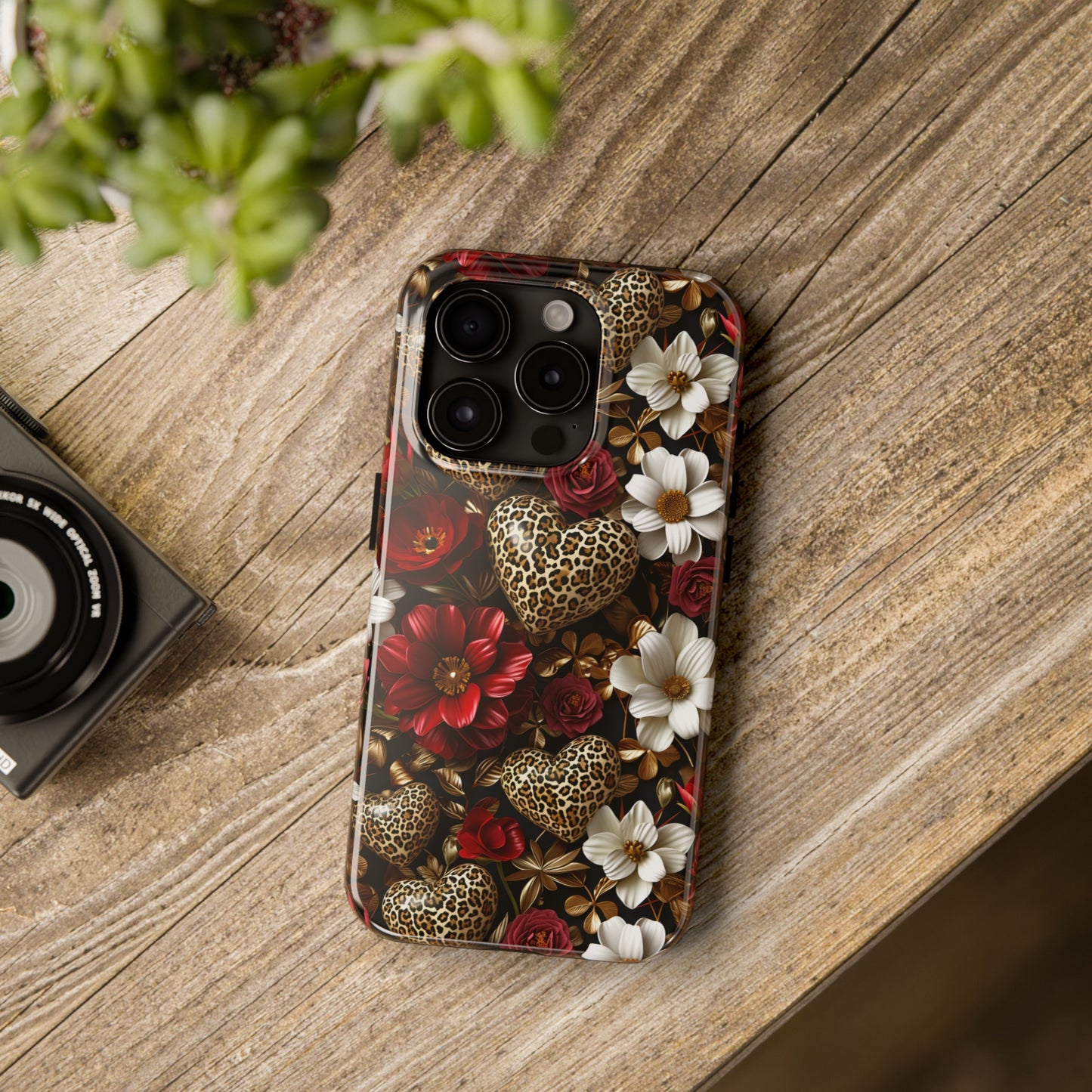 Red Gold Flowers Leopard Hearts Digital print Design Tough Phone Case compatible with a large variety of iPhone models, Gift, Phone Case