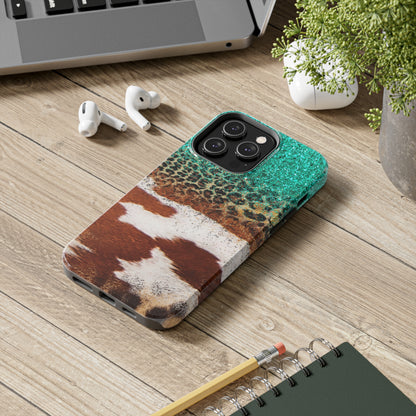 Western Cow Print, Teal, and Leopard print Design Phone Case- Lightweight, Impact Resistant Cover for iPhone 6, 6s, 12, 13, 14, 15