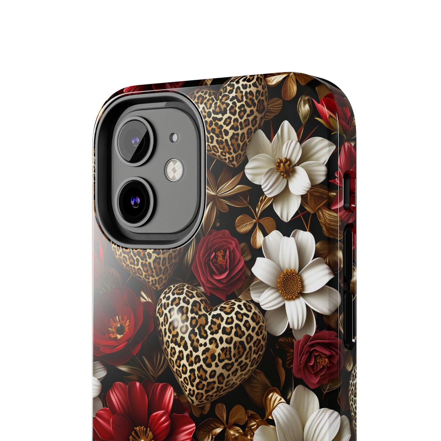 Red Gold Flowers Leopard Hearts Digital print Design Tough Phone Case compatible with a large variety of iPhone models, Gift, Phone Case