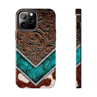 Western Cow Print, Faux Turquoise and Leather Digital print design Phone Case- Lightweight, Impact Resistant Cover for iPhone 6, 6s, 12, 13, 14, 15