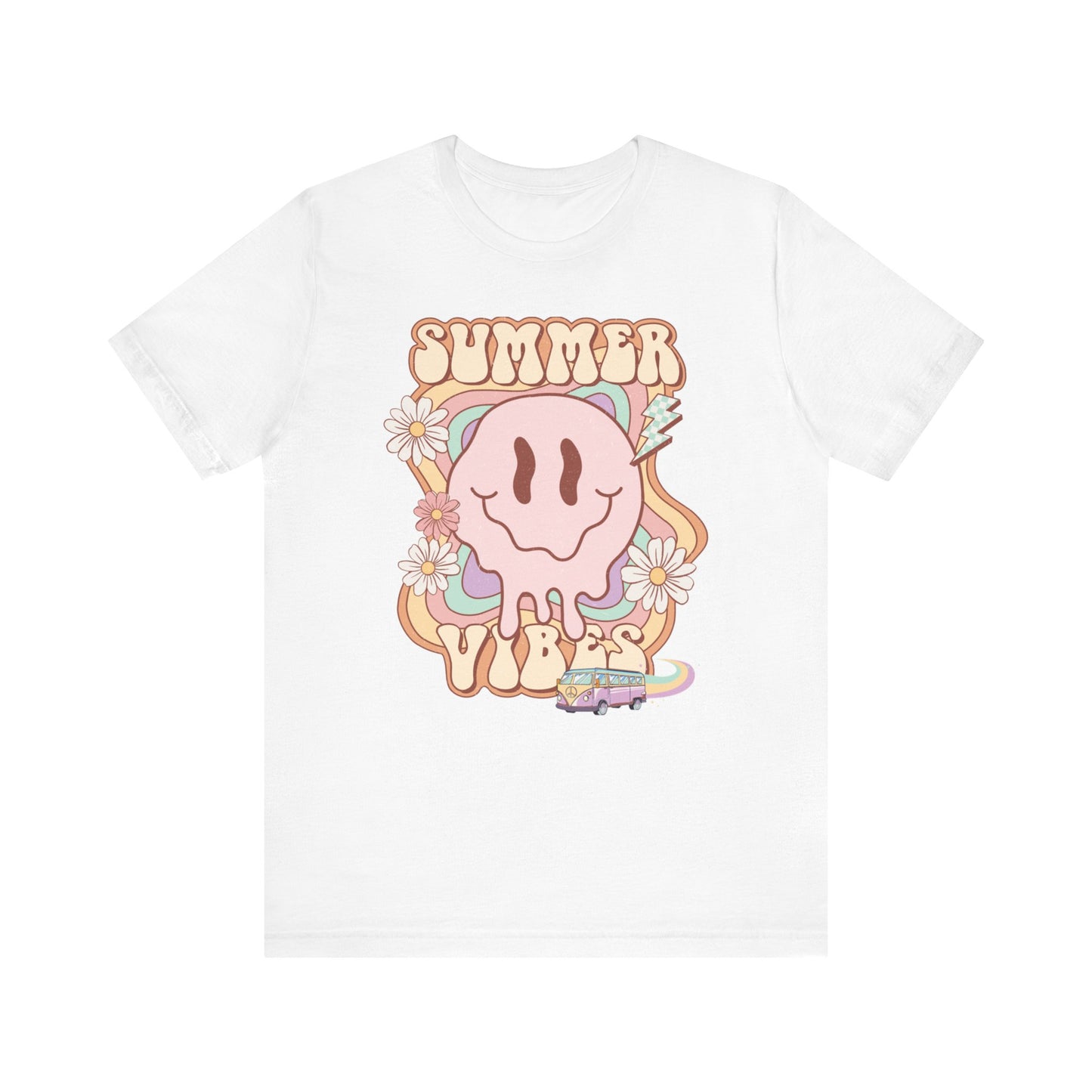 Cute Summer Vibes T-Shirt, Cartoon Sun and Flowers, Casual Beachwear Tee, Pastel Colors, Unisex Graphic Shirt, Retro Van
