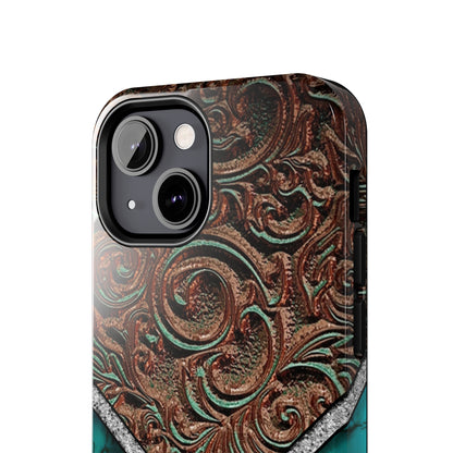 Western Cow Print, Faux Turquoise and Leather Digital print design Phone Case- Lightweight, Impact Resistant Cover for iPhone 6, 6s, 12, 13, 14, 15