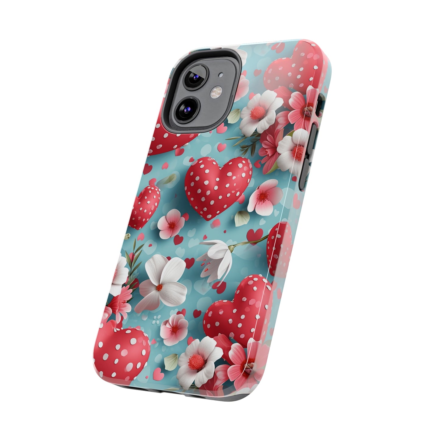 Pink White Flowers Red Hearts Digital print Design Tough Phone Case compatible with a large variety of iPhone models, Gift, Phone Case