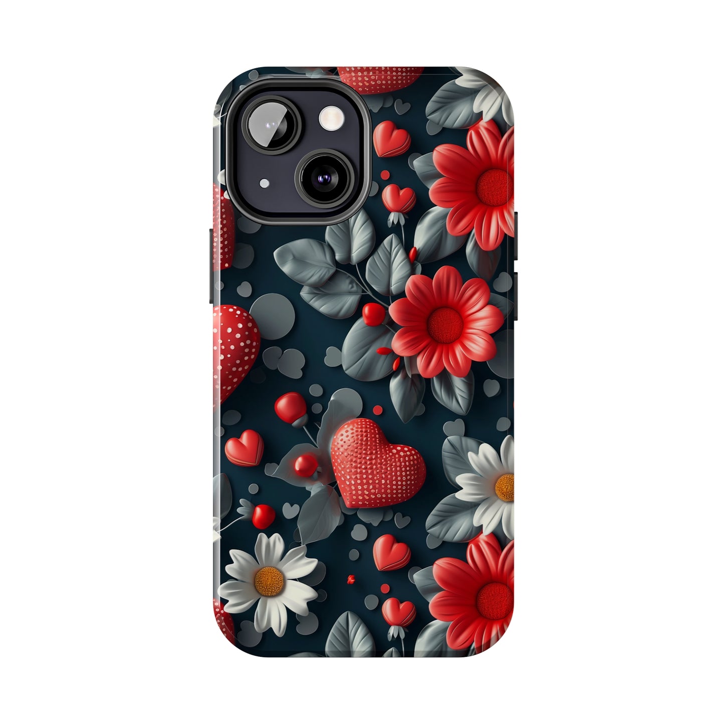 3D Flowers and Red Hearts Digital print Design Tough Phone Case compatible with a large variety of iPhone models, Gift, Phone Case