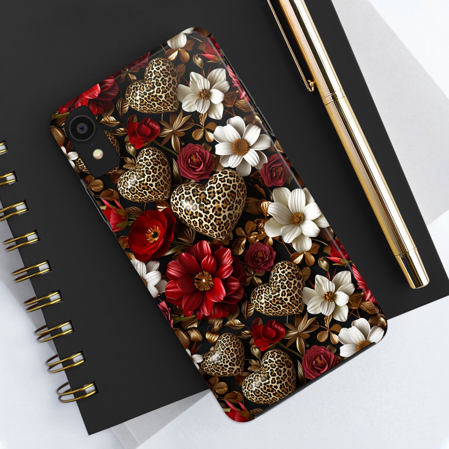 Red Gold Flowers Leopard Hearts Digital print Design Tough Phone Case compatible with a large variety of iPhone models, Gift, Phone Case