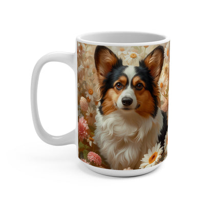 Charming Corgi Dog Mug, Floral Background, Pet Lover Coffee Cup, Cute Animal Tea Mug, Unique Gift for Dog Owners, Flower Patterned Mug, Unique Drinkware, Unique Gift Idea, Mug 15oz