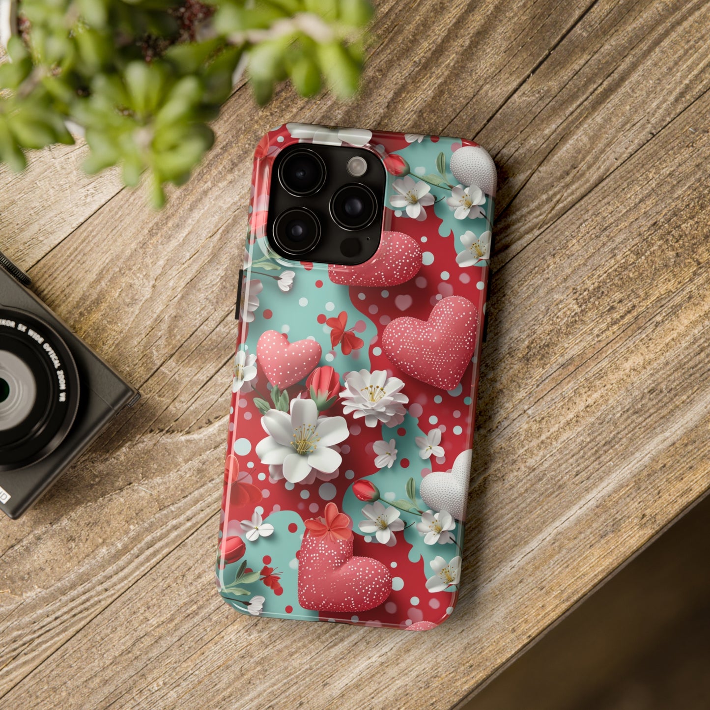 Polka Dot Hearts and Flowers Digital print Design Tough Phone Case compatible with a large variety of iPhone models, Gift, Phone Case