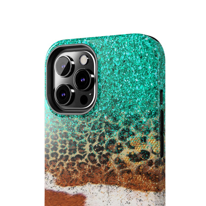 Western Cow Print, Teal, and Leopard print Design Phone Case- Lightweight, Impact Resistant Cover for iPhone 6, 6s, 12, 13, 14, 15