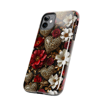 Red Gold Flowers Leopard Hearts Digital print Design Tough Phone Case compatible with a large variety of iPhone models, Gift, Phone Case