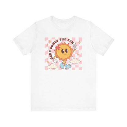 Cute Sunshine Graphic T-Shirt, Here Comes the Sun Fun Cartoon Tee, Unisex Summer Beach Shirt, Casual Fashion Top