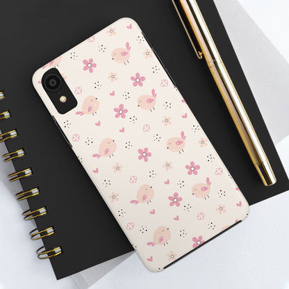 Cute Pink Birds and Flowers print design Tough Phone Case compatible with a large variety of iphone models