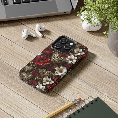 Red Gold Flowers Leopard Hearts Digital print Design Tough Phone Case compatible with a large variety of iPhone models, Gift, Phone Case