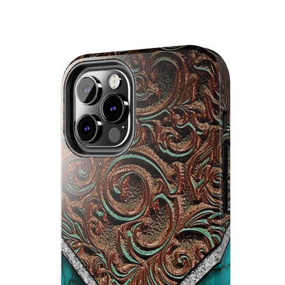 Western Cow Print, Faux Turquoise and Leather Digital print design Phone Case- Lightweight, Impact Resistant Cover for iPhone 6, 6s, 12, 13, 14, 15