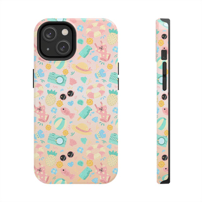 Cute Summer Vibes iPhone Case, Tropical Beach Icons Phone Cover, Pastel Colored Accessory Design, Protective Case for iPhone Models, Tough Phone Case