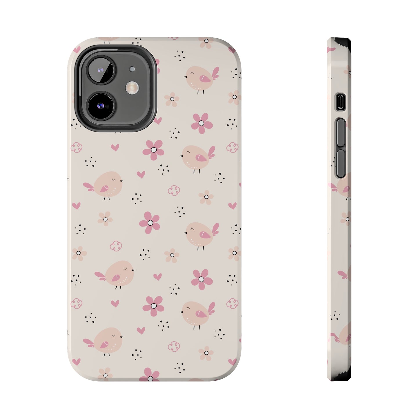 Cute Pink Birds and Flowers print design Tough Phone Case compatible with a large variety of iphone models