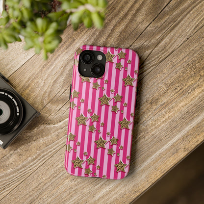 Girly Cheetah Stars and Pink Stripes Design Phone Case- Lightweight, Impact Resistant Cover for iPhone 6, 6s, 12, 13, 14, 15